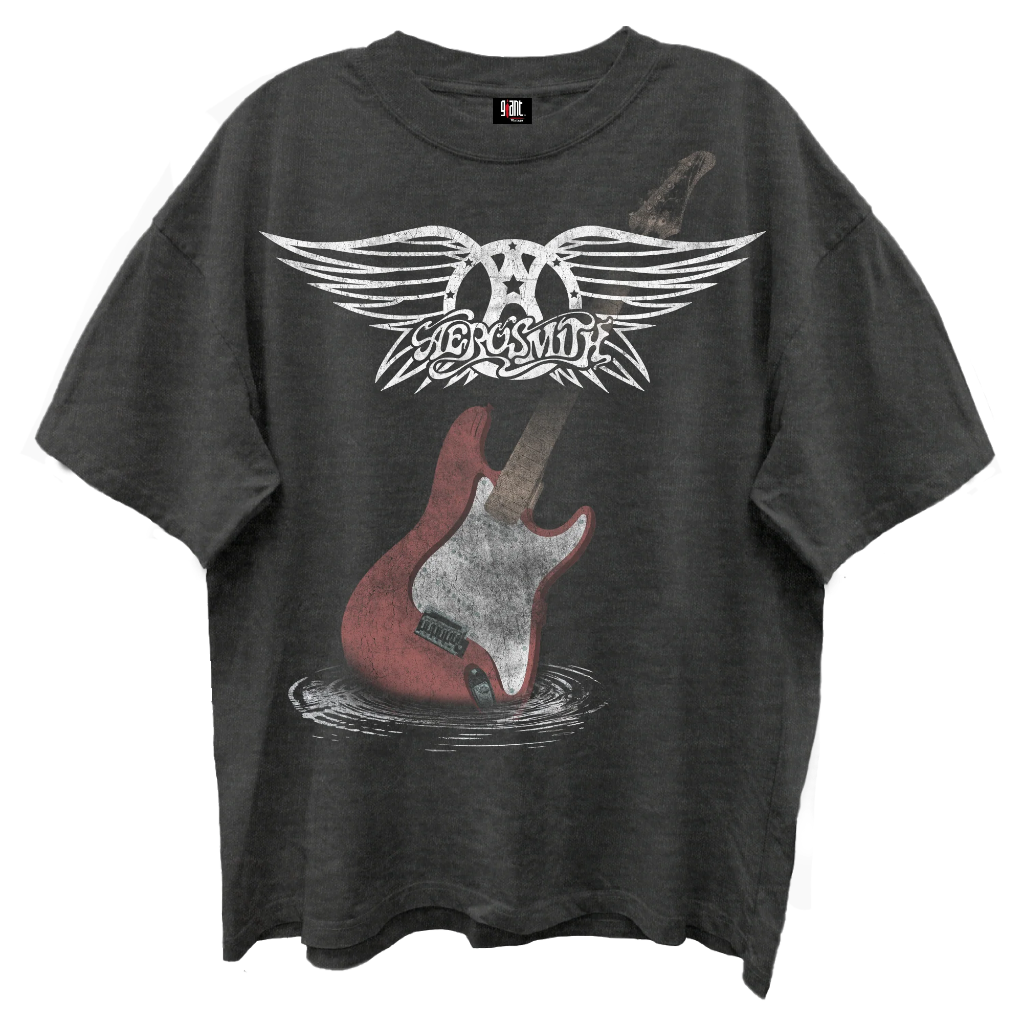 AEROSMITH GUITAR WINGS VINTAGE BLACK ENZYME WASH T-SHIRT/GIANT VINTAGE