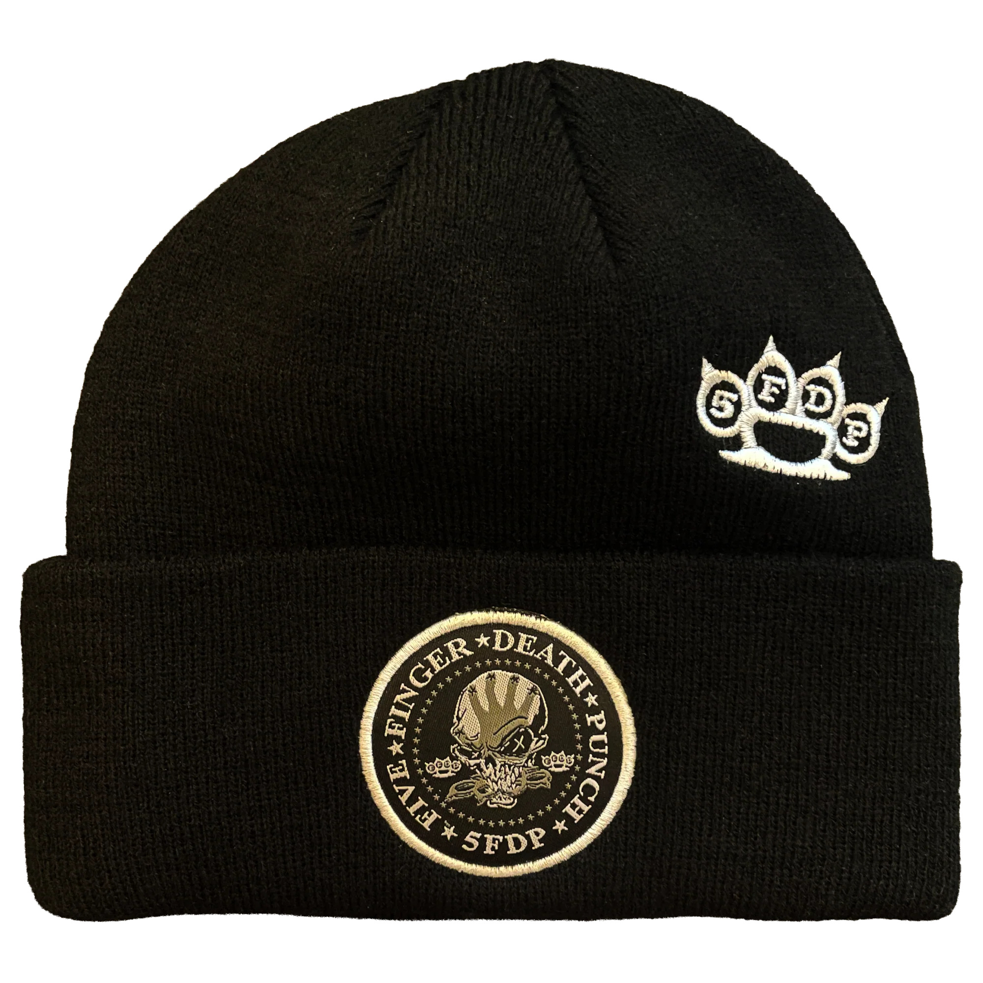 FIVE FINGER DEATH PUNCH WOVEN PATCH LOGOS 1X1 RIBBED ACRYLIC KNIT HAT