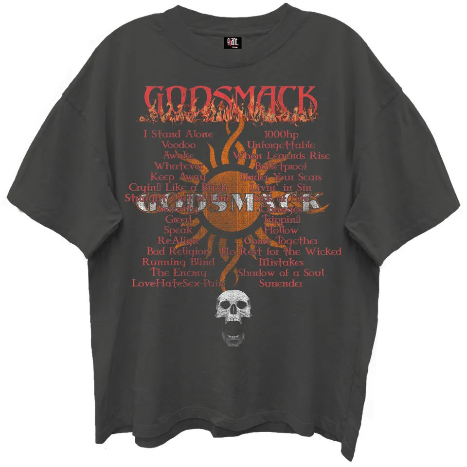 GODSMACK, GREATEST HITS PLAY LIST VINTAGE BLACK ENZYME WASH T-SHIRT/GIANT VINTAGE