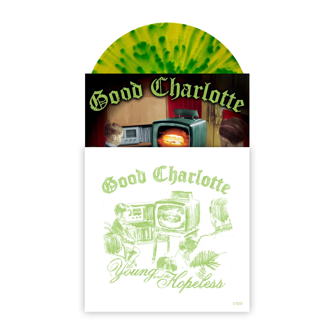 GOOD CHARLOTTE 'THE YOUNG AND THE HOPELESS' LP - EXCLUSIVE - LTD. 500 'REIMAGINED COVER PRINT' HIGHLIGHTER YELLOW/GREEN/SPLATTER