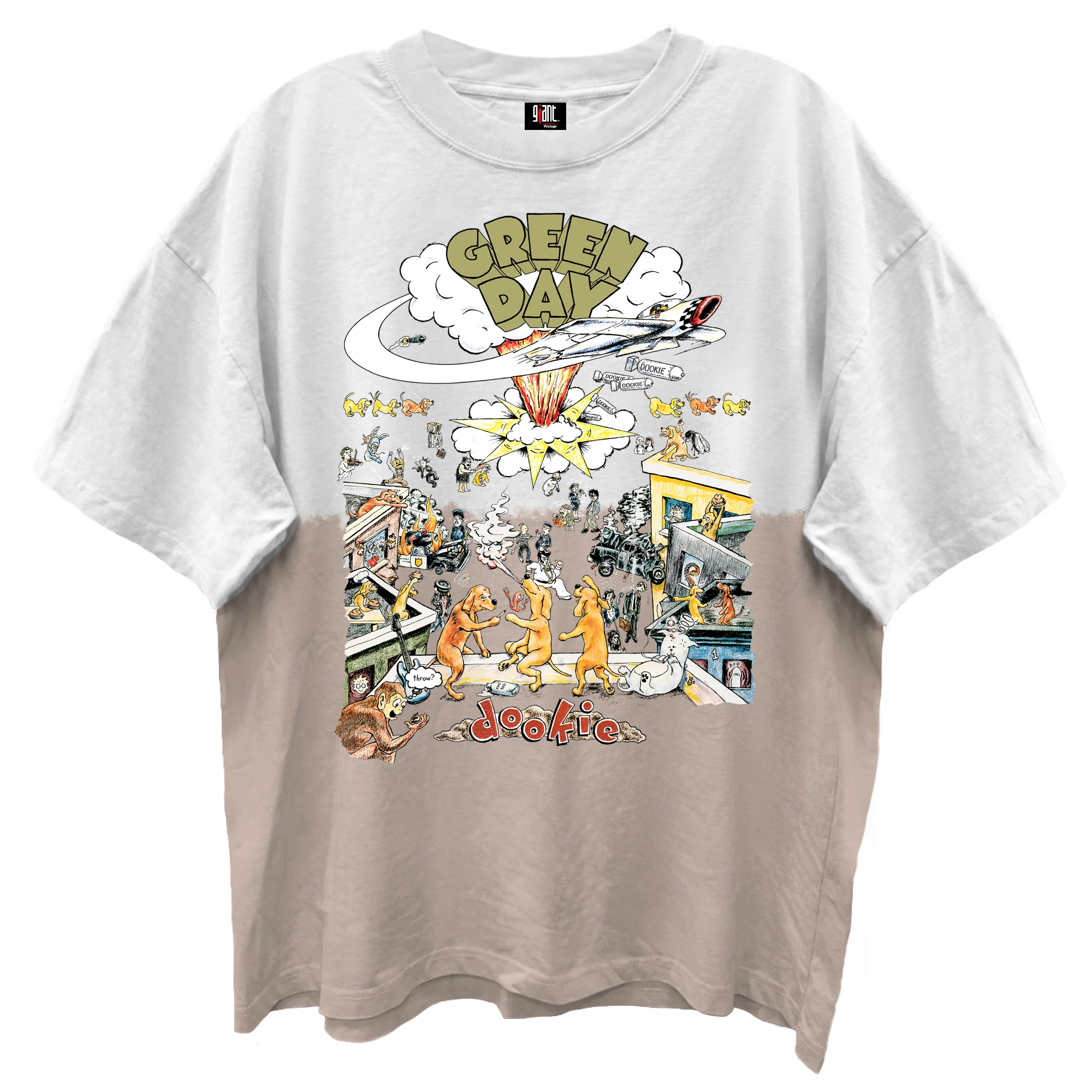 GREEN DAY DOOKIE ALBUM COVER WHITE/SAND DIP DYE WASH T-SHIRT/GIANT VINTAGE