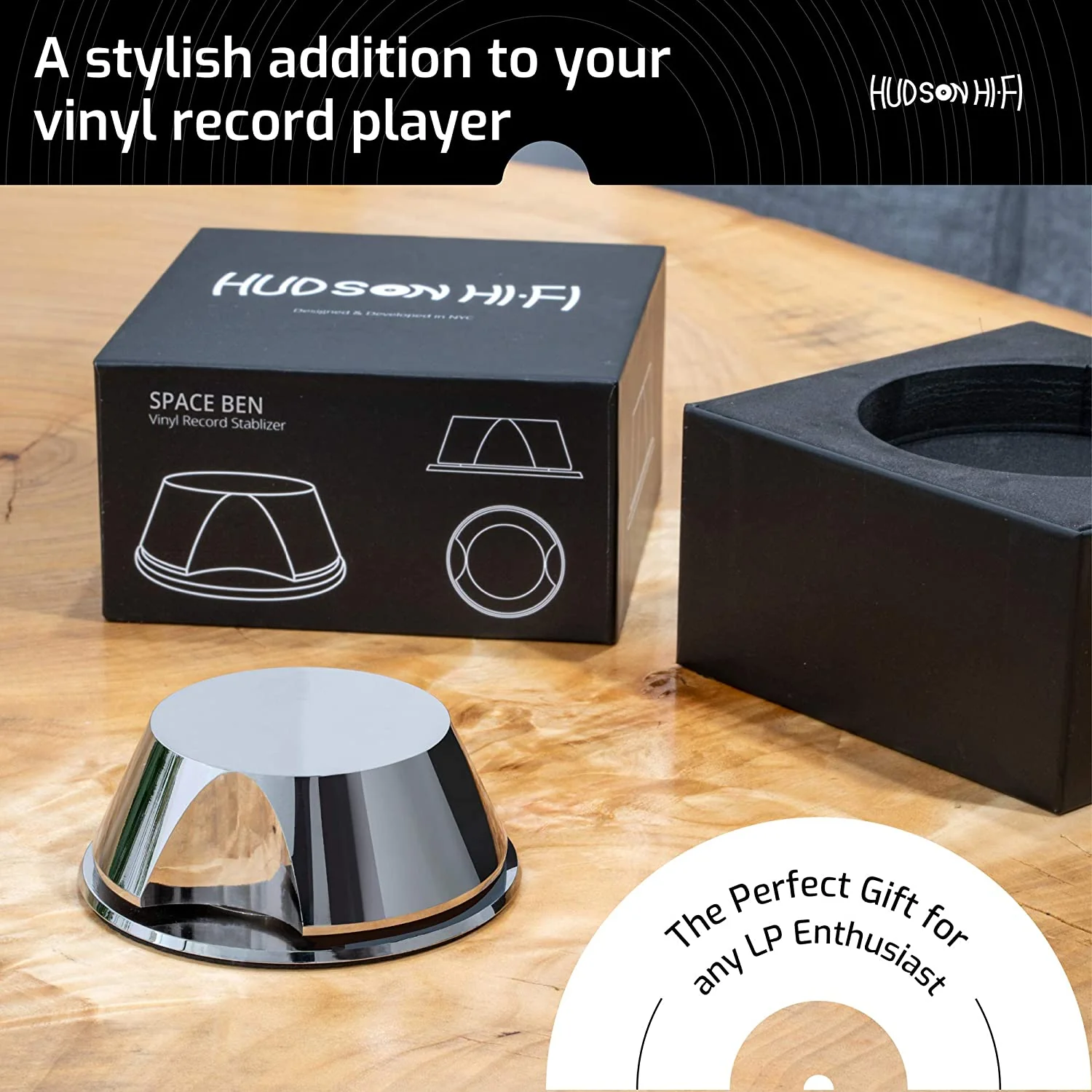 HUDSON HI-FI: SPACEBEN CHROME RECORD WEIGHT STABILIZER WITH PROTECTIVE LEATHER PAD - Image 6