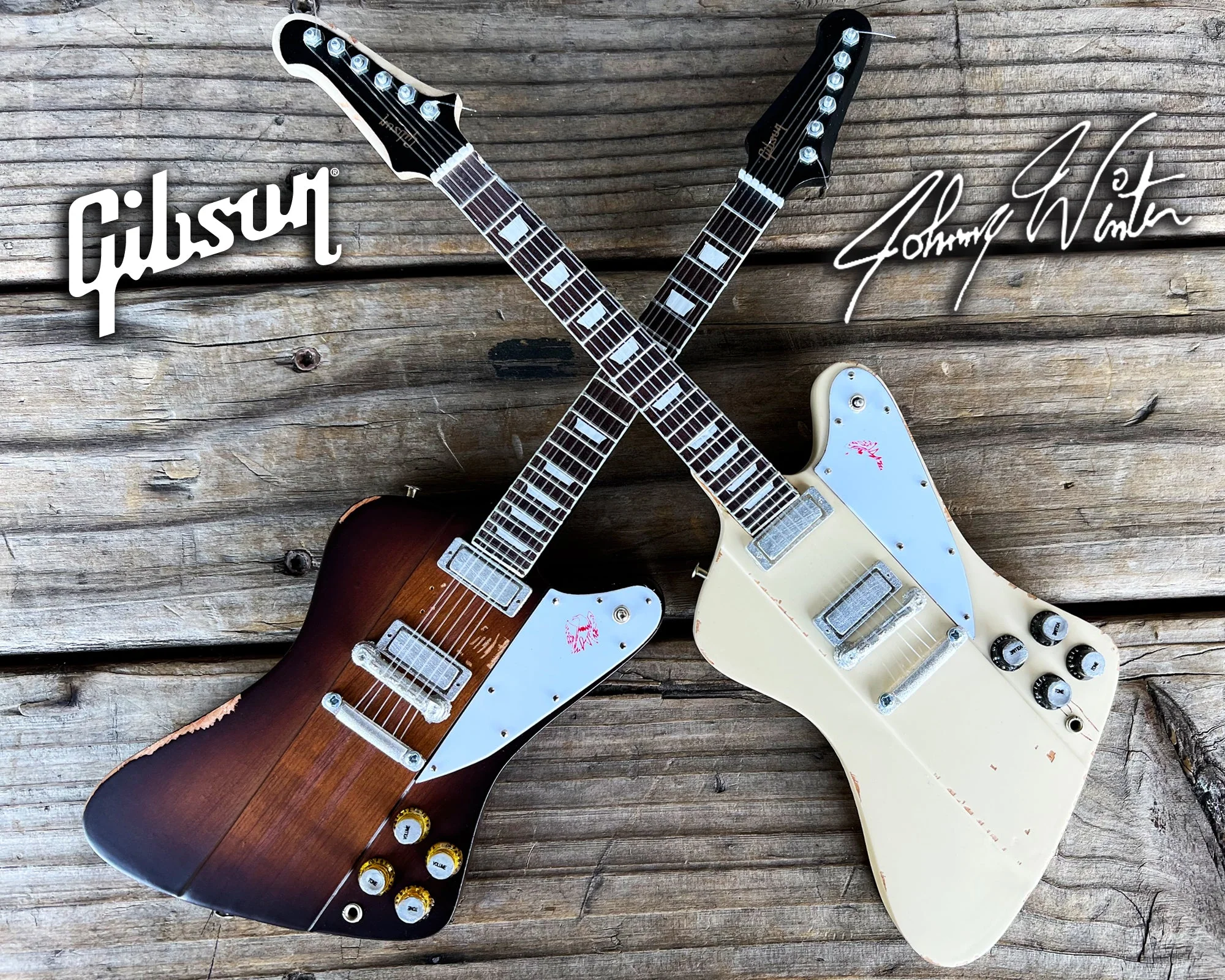 JOHNNY WINTER SIGNATURE GIBSON FIREBIRD SET OF 2 MINI GUITAR MODELS - POLARIS & SUNBURST - Image 2