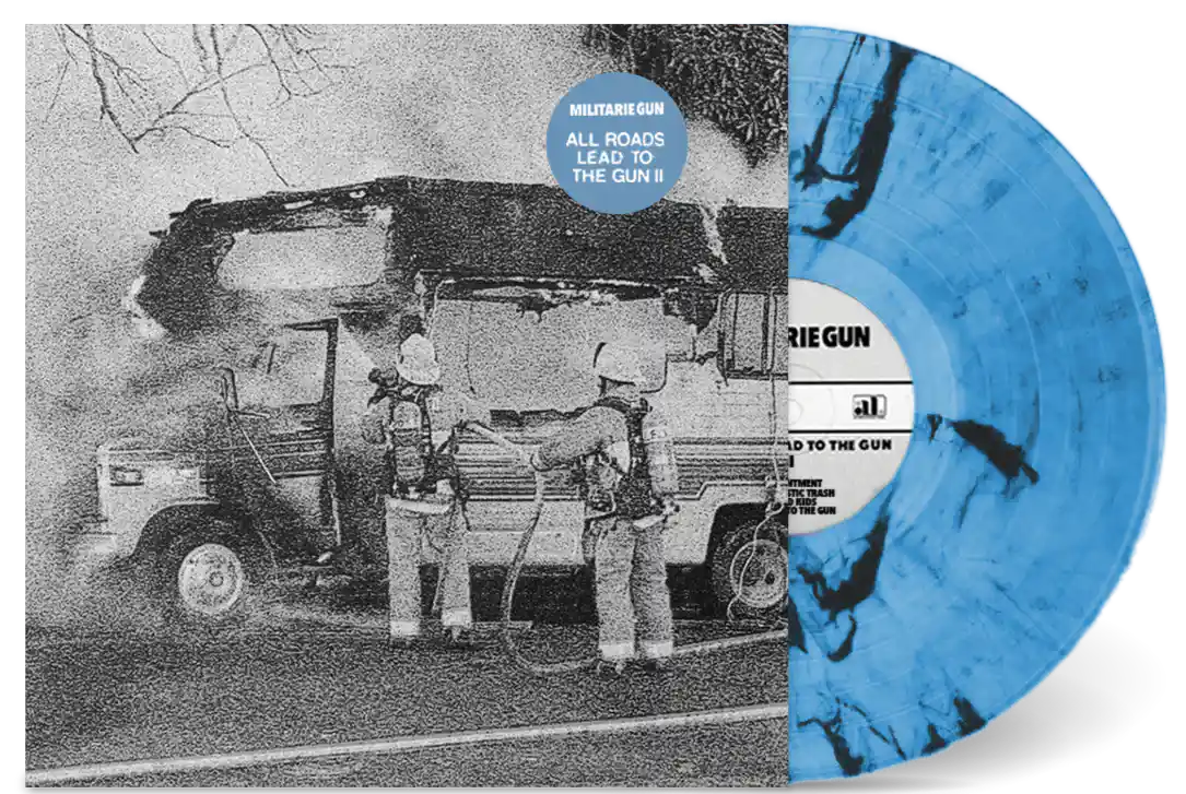 MILITARIE GUN ‘ALL ROADS LEAD TO THE GUN II’ LP - LTD. 200 - CLEAR/BLUE/BLACK SWIRL - Image 3