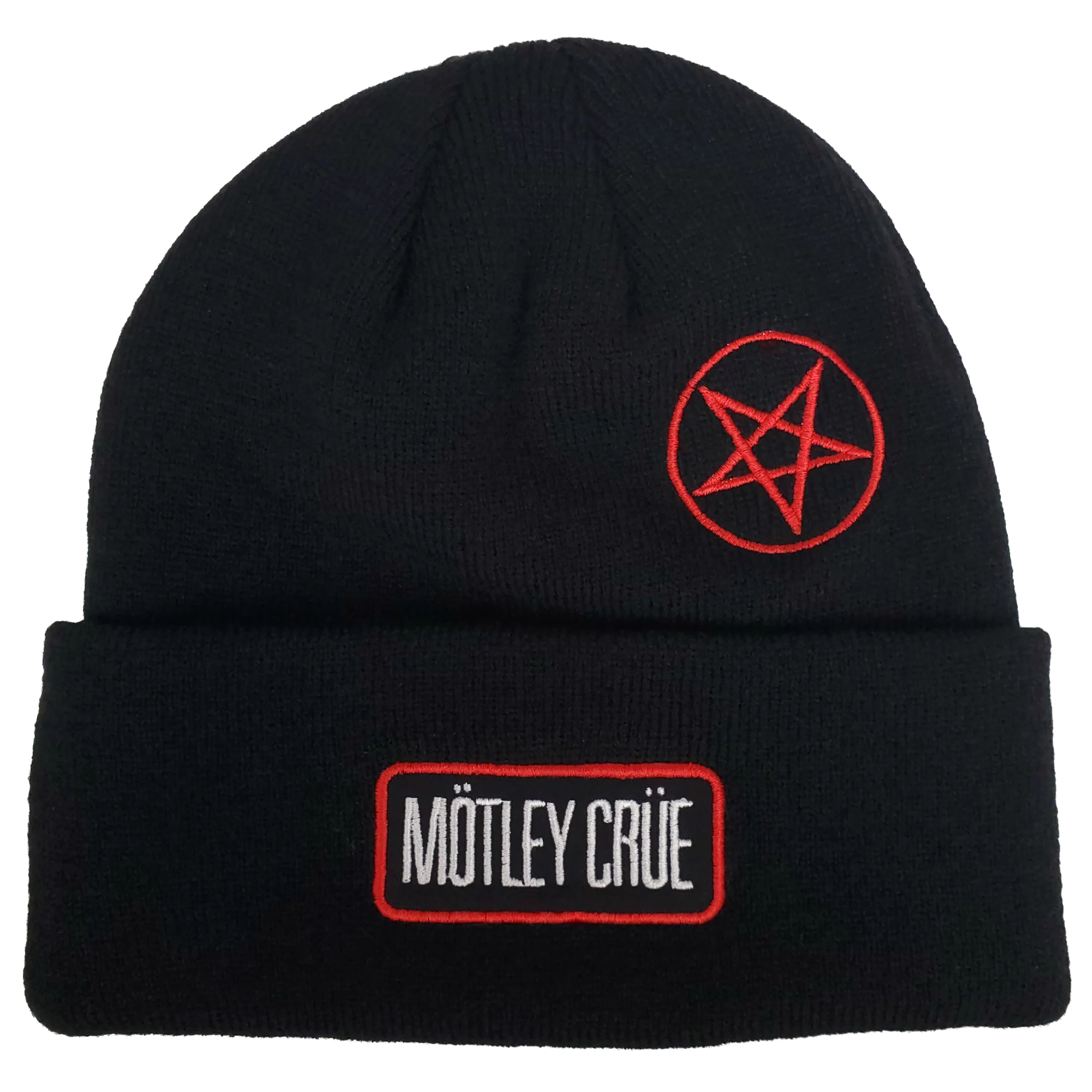 MOTLEY CRUE CUT TWILL PACTH EMROIDERED LOGOS 1X1 RIBBED BLACK ACRYLIC KNIT HAT