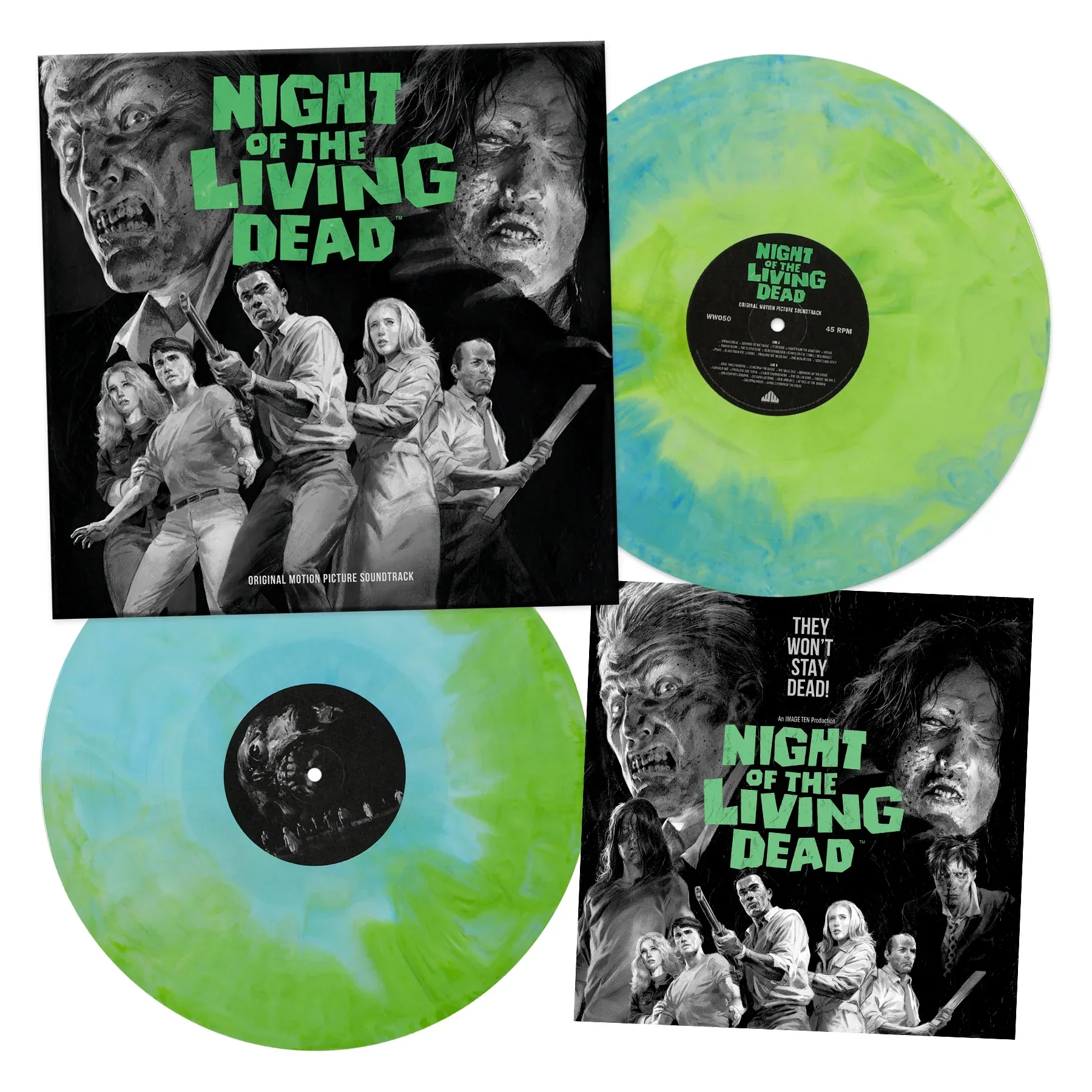 'NIGHT OF THE LIVING DEAD' MOTION PICTURE SOUNDTRACK 50TH ANNIVERSARY EDITION 2LP - GHOUL GREEN/BLUE - Image 2