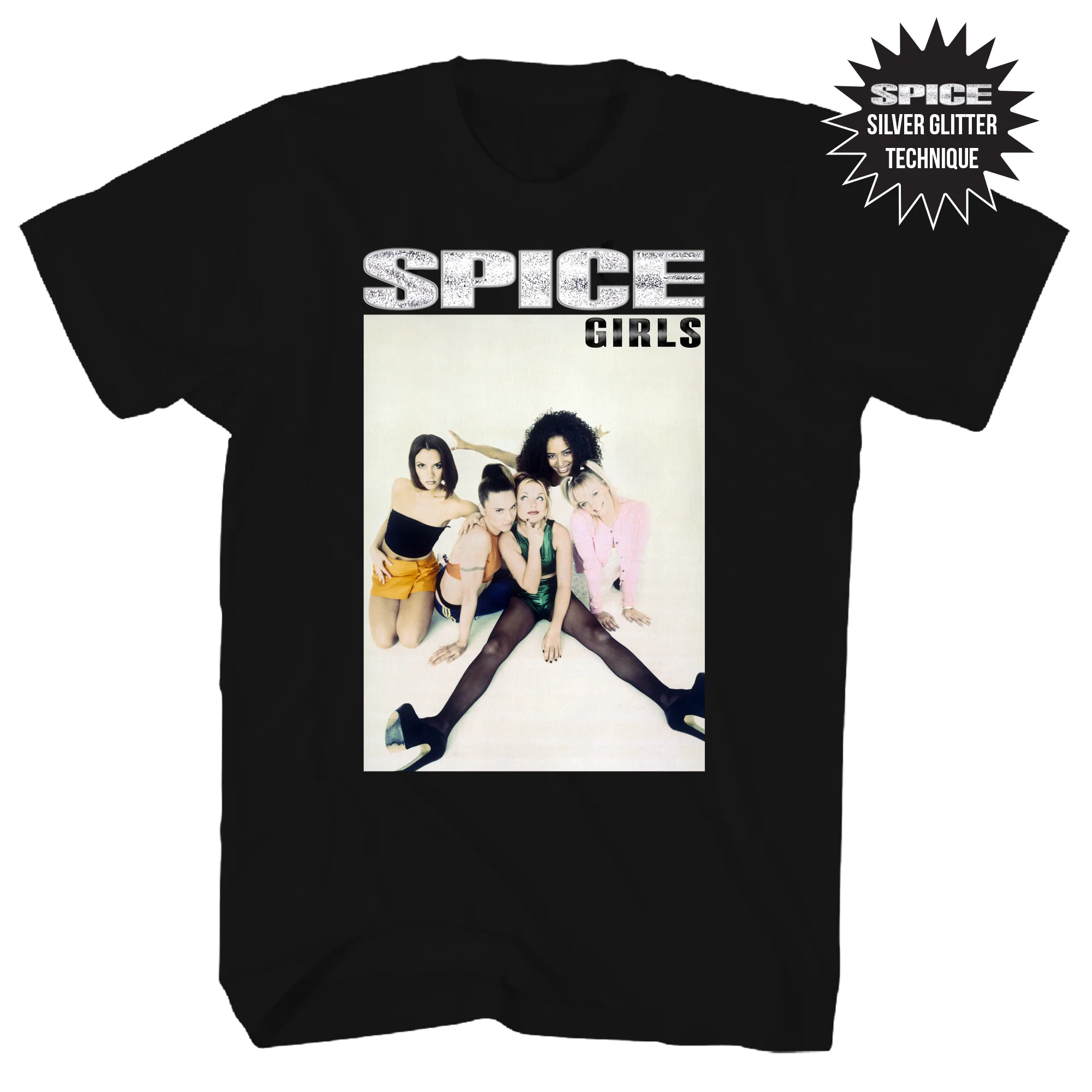 SPICE GIRLS SILVER GLITTER GROUP PHOTO FRT/BACK BLACK T-SHIRT