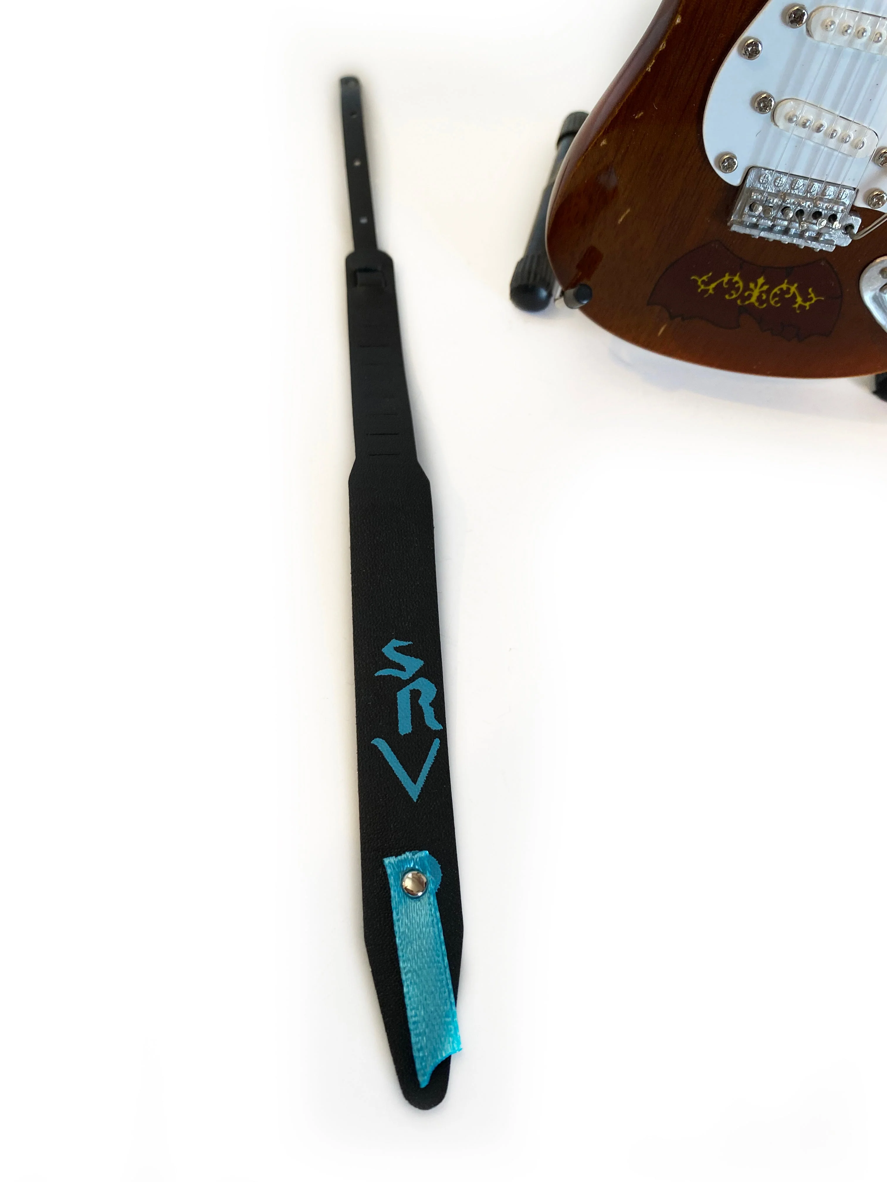 STEVIE RAY VAUGHAN MINI GUITAR STRAP - AQUA BLUE SRV BLACK STRAP - AXE HEAVEN® - Image 2