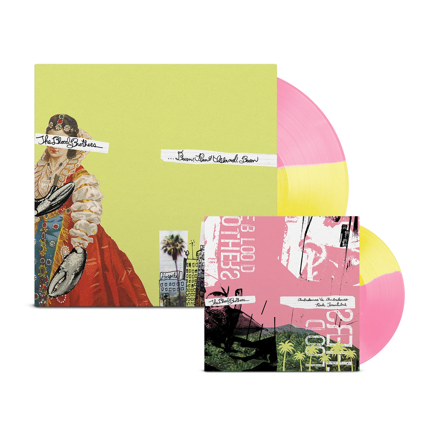 THE BLOOD BROTHERS ‘BURN, PIANO ISLAND, BURN’ DELUXE COLLECTOR'S EDITION LP + 7" - EXCLUSIVE - LTD. 500 - OPAQUE YELLOW/OPAQUE PINK