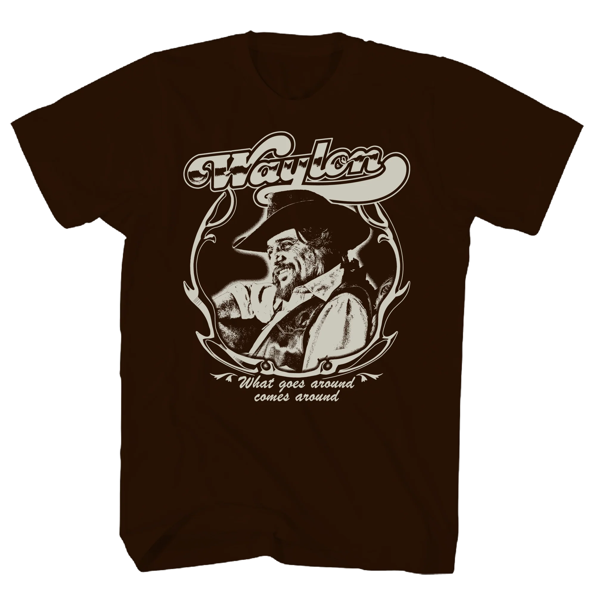 WAYLON JENNINGS WHAT GOES AROUND CHOCOLATE T-SHIRT